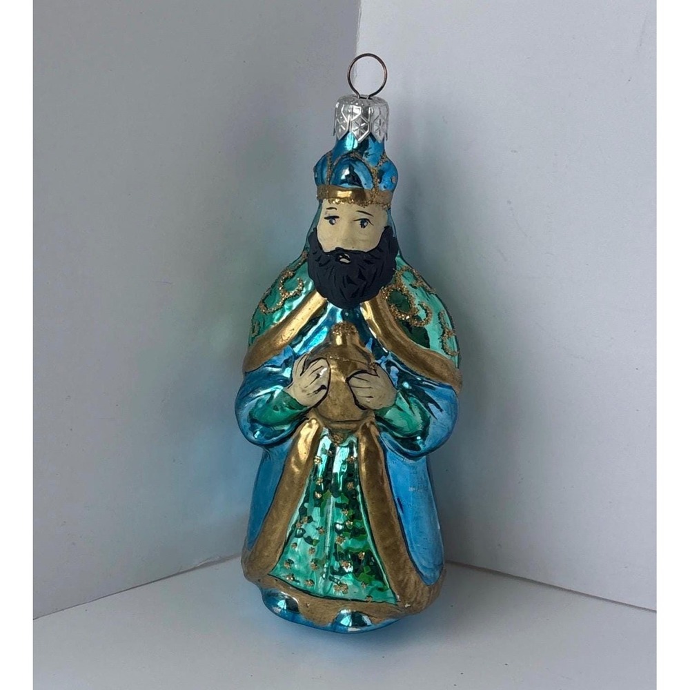 Vintage Blown Glass Wise Man King Christmas Ornament Teal Blue Gold Glitter 6"